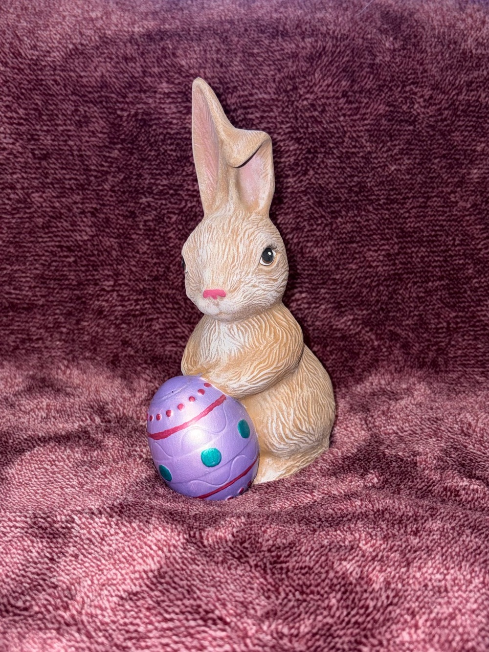 Brown Ceramic Bunny Figurine with Purple Decorative Egg